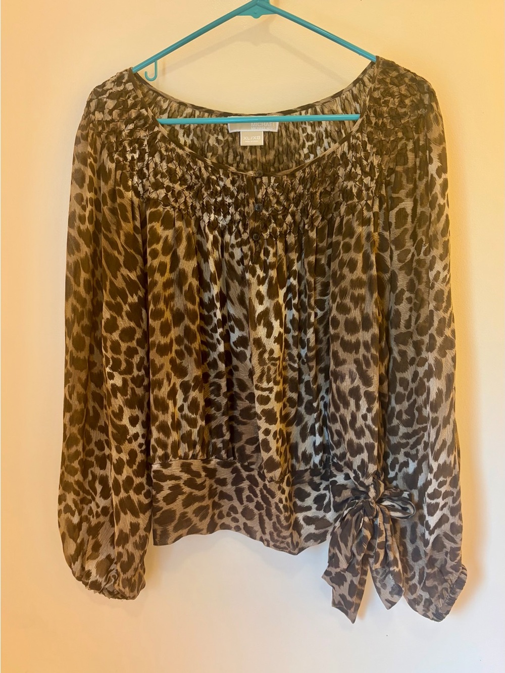 100% Silk Michael Kors Leopard-Print Smocked Neck Blouse in Brown and Black